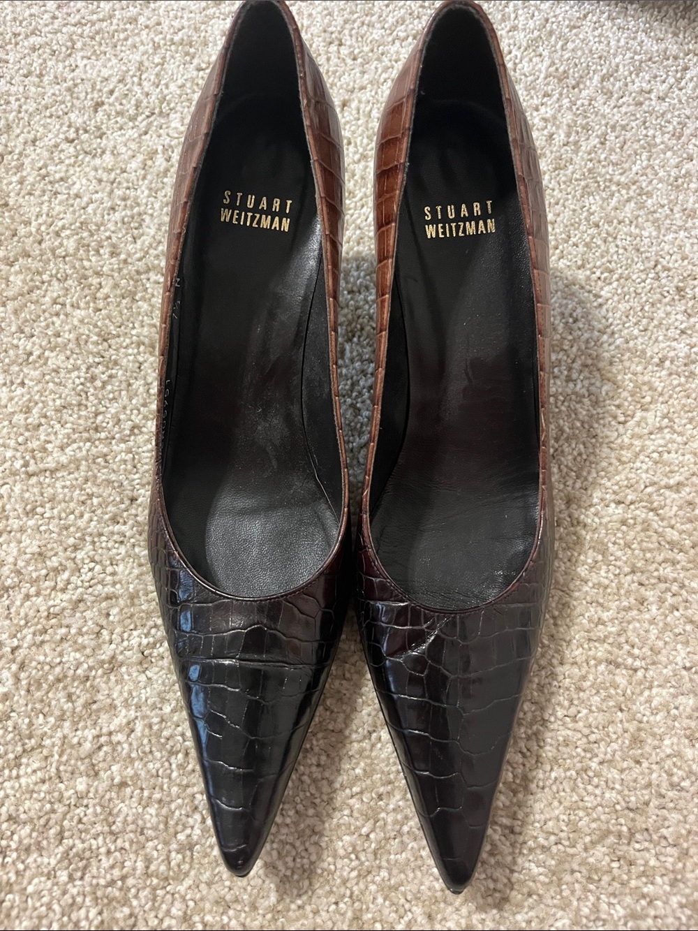 Stuart Weitzman Croc-Embossed Pointed Toe Pumps in Dark and Light Brown hombre